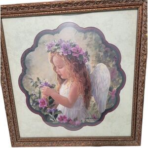 Home Interiors Vintage Framed Laurie Snow Hein Little Girl Angel Picture 17X17